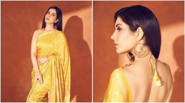 Raashi Khanna Dazzling In Golden Yellow Anita Dongre Saree.