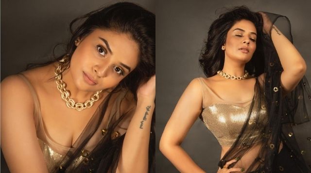Sreemukhi Dons A Gorgeous Black And Gold Outfit. See Pictures Here.