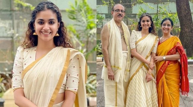 Keerthy Suresh Gives A Visit To Divine Guruvayur Temple With Her Parents.
