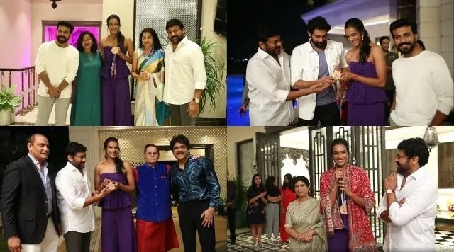 Chiranjeevi And Ram Charan Hosted A Party To Honour Olympic Medalist PV Sindhu At Home. Rana Daggubati, Nagarjuna And Other Stars Attended The Event.