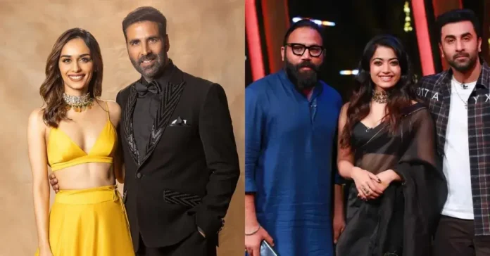 Manushi Chhillar with Akshay Kumar and Sandeep Vanga, Rashmika Mandanna and Ranbir kapoor for Animal promotions