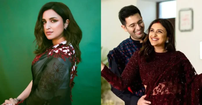 Parineeti chopra in black saree, and another pic with her husband Raghav Chadha