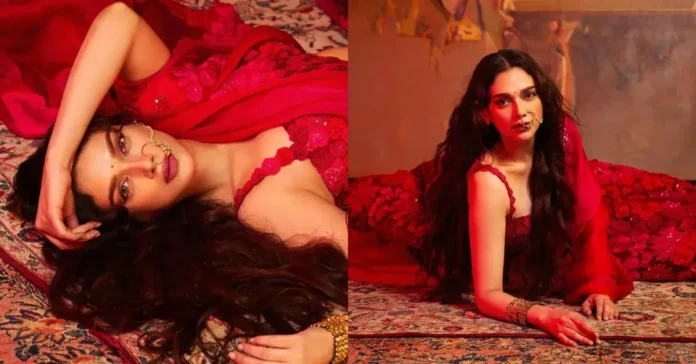 Aditi Rao Hydari in red ravishing saree for heeramandi promotions