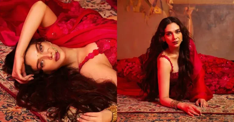 Aditi Rao Hydari in red ravishing saree for heeramandi promotions