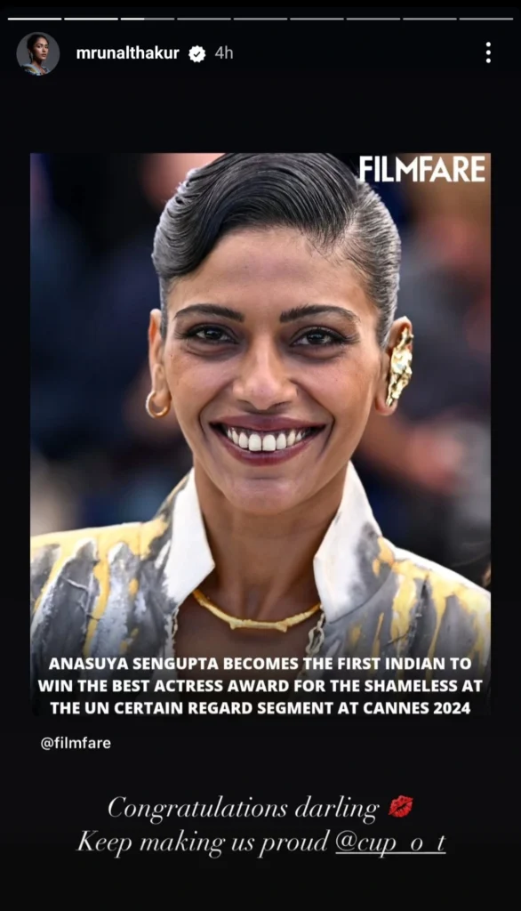 Mrunal thakur congratulates Anasuya Sengupta for Best Actress award at Cannes 2024