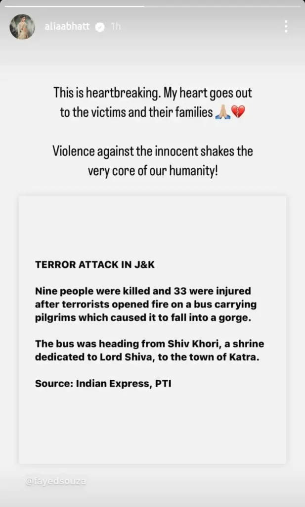 Alia Bhatt condemns terror attack on hindu pilgrims
